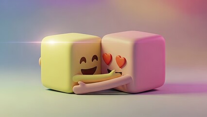 3D cartoon blocks hugging each other with love hearts