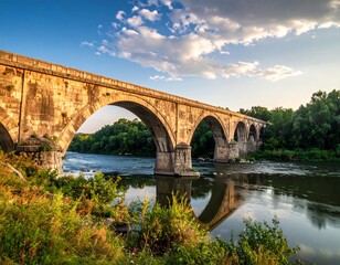 Fototapeta premium A weathered stone bridge gracefully arches over a flowing river
