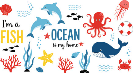 Cute ocean sea life character set with cartoon whale octopus dolphin turtle crab and nursery beach vacation typography quotes. © Rozina Creative