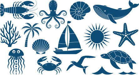 Nautical sea life vector collection featuring whale octopus lobster turtle jellyfish starfish sailboat and summer ocean beach vacation icons. © Rozina Creative