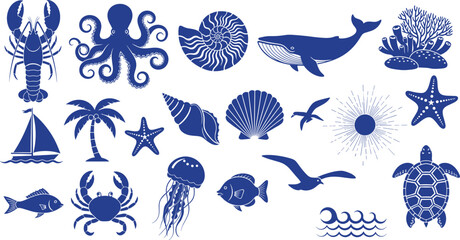 Blue nautical sea life icons set with whale, octopus, lobster, turtle, jellyfish, shells, and summer ocean beach vacation elements. © Rozina Creative