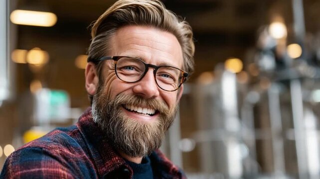 Warm Smile, Genuine Vibe: A man with a thick, well-groomed beard and spectacles beams a warm, genuine smile. His eyes sparkle with sincerity, projecting an approachable and authentic demeanor.