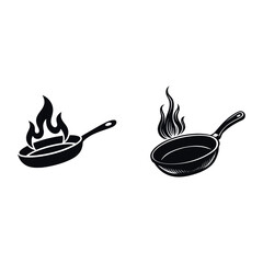 Vector illustration of a kitchen cooking frypan with spoon and fork containing red hot chili sauce and steaming soup breakfast beverage icon for restaurant design