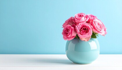 Fototapeta premium Bouquet of vibrant pink roses arranged in round light blue ceramic vase, placed on white wooden surface against pastel blue wall, soft lighting with gentle shadows.