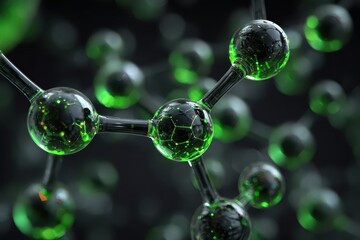 Detailed molecular structure showcasing intricate bonds and elements in vibrant green hues and a fascinating arrangement of atoms in a scientific context