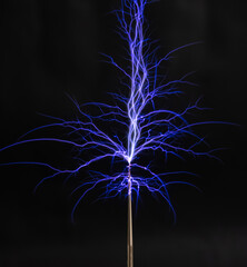 A bright electrostatic discharge from a Tesla coil with blue branching lightning bolts