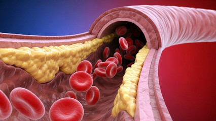 Cross‑section shows human red blood cells flowing through a narrowed vessel constricted by fatty deposits along its walls, isolated against a blue and red shaded background