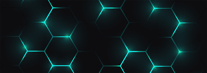 Dark hexagonal abstract technology background with blue colored bright flashes under hexagon. Honeycomb gaming vector tech wide illustration.