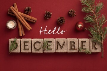 Hello December flatlay card with red baubles, nuts and pine needles and cinnamon sticks
