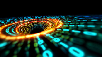 Futuristic digital tunnel made of glowing data streams forming a vortex of technology and information.
