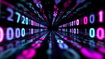 Glowing digital data highway with luminous particles moving rapidly into the distance.
