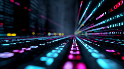 Glowing digital data highway with luminous particles moving rapidly into the distance.