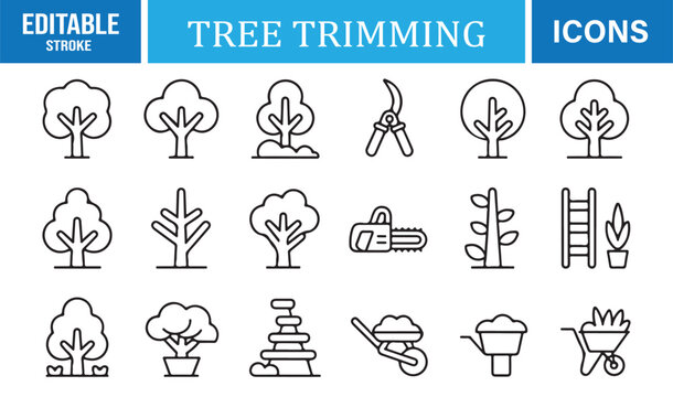 Editable outline tree trimming icons on white background