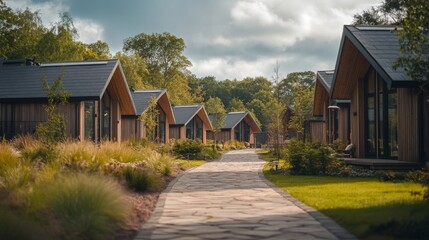 Stunning contemporary cabins lined on a serene pathway. Lush greenery surrounds these modern lodges. Nature and comfort unite perfectly here. Generative AI