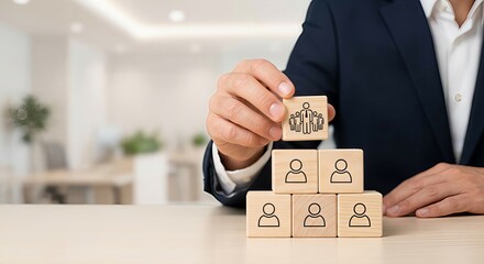Businessman building team pyramid with wooden blocks and placing leader icon on top, concept of corporate organizational structure, human resources management, teamwork leadership and career growth.