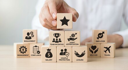 Man placing wooden block with star icon on top of business management pyramid featuring icons for asset appreciation, salary, team incentive, welfare, and compliance, symbolizing excellence in leaders