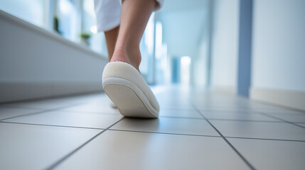 Naklejka premium Patient wearing hospital slippers walking down a corridor symbolizing healthcare, recovery, and mobility. 