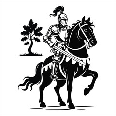 Fototapeta premium Medieval Warrior on Horse Near Tree Silhouette Illustration