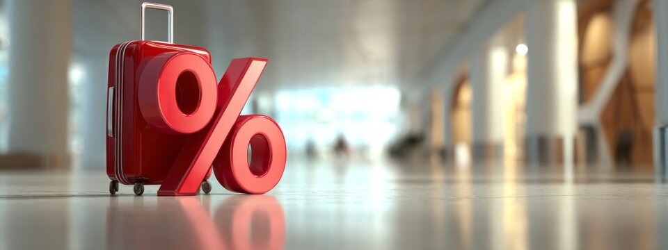Red suitcase shaped as percent symbol standing in airport terminal. Concept of travel discount, tourism promotion and holiday sale. banner 