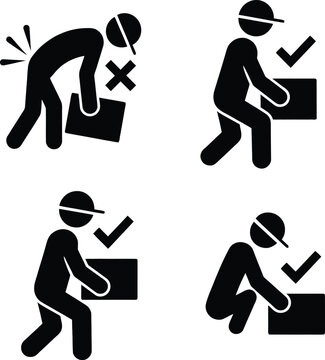 Correct and incorrect lifting techniques depicted in four icons