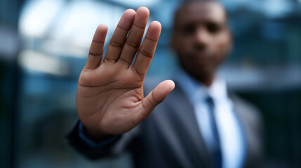 Businessman raising his hand in a stop gesture symbolizing refusal, control, and decision making.

