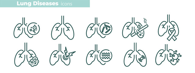 Medical line icon collection showing pulmonary diseases, breathing disorders, and chest conditions. Vector symbols for healthcare, oxygen therapy, and chronic illness awareness.