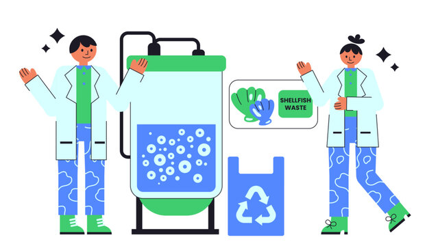 Flat vector illustration showing conversion of shellfish waste into chitosan bioplastics