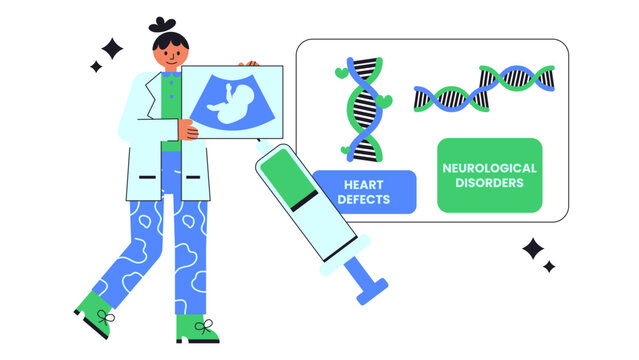 Flat vector illustration depicting in utero gene therapy for treating congenital disorders