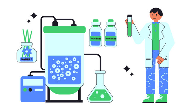 Flat vector illustration of microbial fermentation producing vanillin for food and fragrance