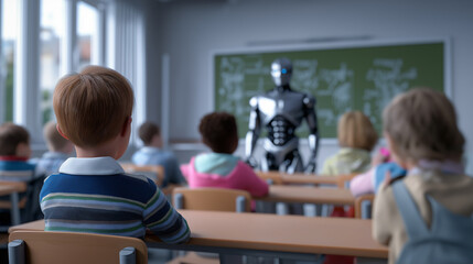 Children sitting in a classroom while a humanoid robot teaches at the blackboard symbolizing future education.
