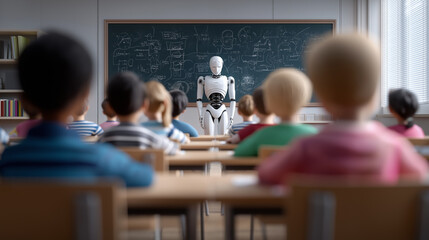 Children attending a classroom lesson with a humanoid robot teacher presenting at the front.