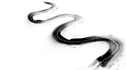 A winding, abstract road painted with dynamic brushstrokes, fading from dark to light on a stark white background
