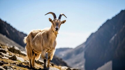 Obraz premium A single goat standing on a bright mountain slope