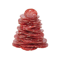 Slices of cured meat arranged in a tower on a white background