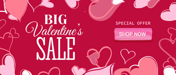 Horizontal Valentines Day sale banner with elegant typography, romantic design elements and a prominent Shop Now button. Modern promotional layout for seasonal discounts, online stores, holiday market