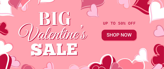 Horizontal Valentines Day sale banner with elegant typography, romantic design elements and a prominent Shop Now button. Modern promotional layout for seasonal discounts, online stores, holiday market
