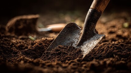 Close-up of a shovel penetrating rich, dark soil; other gardening tool in soft focus. Brown hues dominate the frame