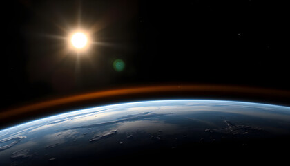 Luna eclipse in space concept showing the moon, planet Earth and the bright sun, panoramic