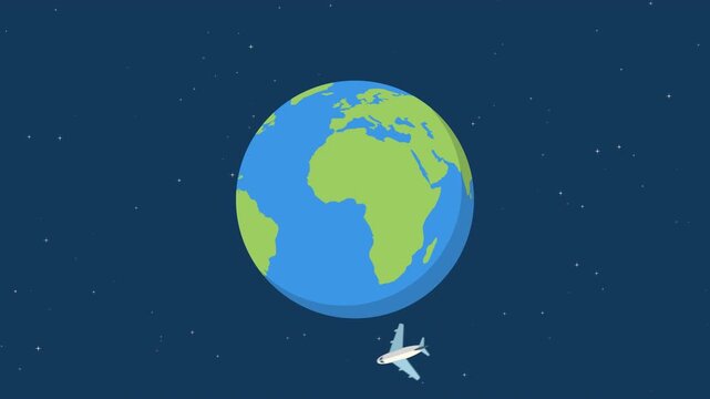 Rotating earth with airplane flying around planet animation. 4k video