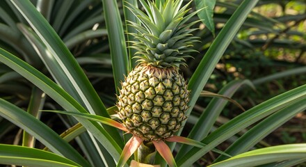 Close up of a ripe pineapple growing on a plant in natural light