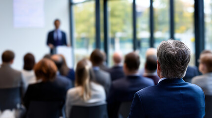 Audience listening to a speaker during a business presentation or conference event.
