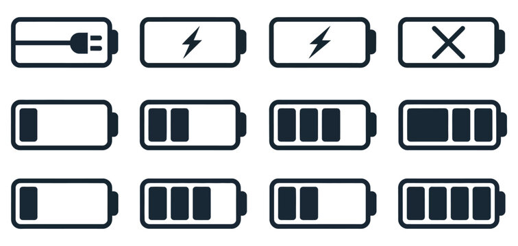 Battery vector icon collection featuring black