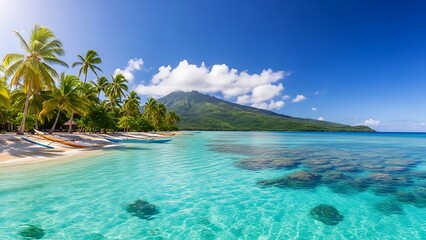 Fototapeta premium Vibrant Tropical Paradise: Turquoise Waters Palm-Fringed Beach Outrigger Canoes and Majestic Volcanic Mountain.