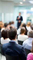 Audience listening to a speaker during a business presentation or conference event.
