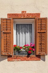 Rustic window with open wooden shutters and potted geraniums