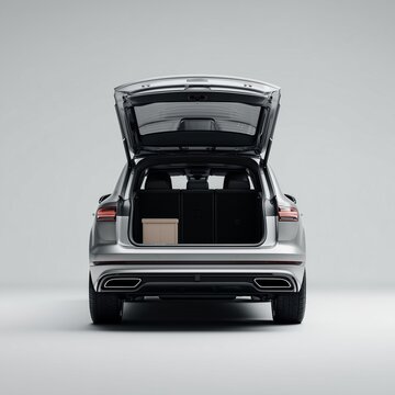 Automobile Boot Open with Box: a modern SUV car boot open with cardboard box. Illustrating a focus on storage, the open boot hints at travel or transport. 