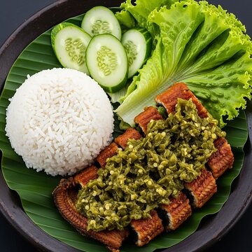Indonesian Fried Eel with Green Chili Sambal, Rice, and Vegetables