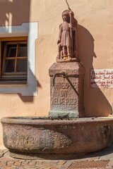 Fountain Church square in Santa Cristina Val Gardena. South Tyrol, Italy