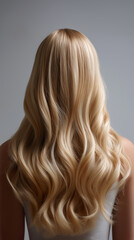 Naklejka premium Long blonde wavy hair styled smoothly from the back in a studio beauty portrait. 