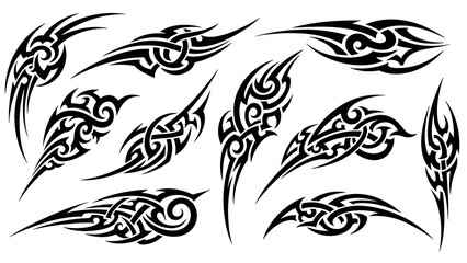 Fototapeta premium Abstract Tribal Wing Set Black Silhouette Vector Illustration, Ethnic Flame Curve Ornament Tattoo Design Collection Isolated on White Background